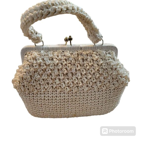 Vintage 80's Made in Japan Handbag Ivory Raffia - Picture 2 of 8